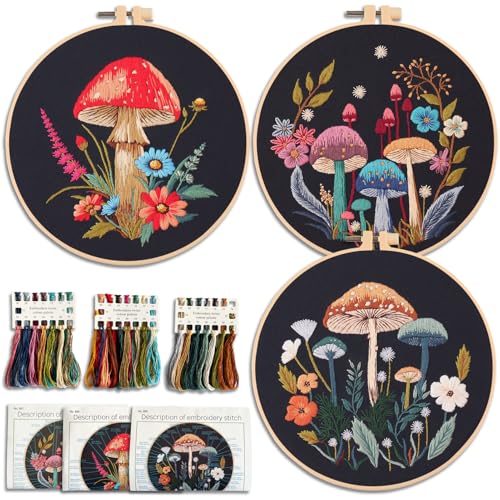 Myfelicity Embroidery Kit with Mushroom Patterns, 3 Hoops, Fabric, Threads, Needles, Instructions (Colorful) - color: colorful