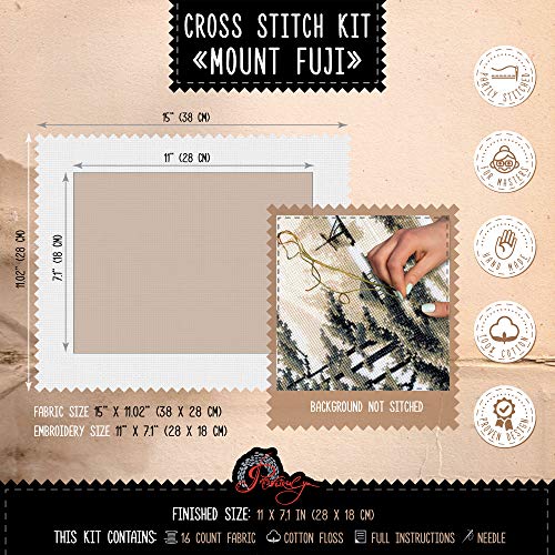 Povitrulya Counted Cross Stitch Kit 'Mount Fuji' - 11"x7.1", Aida Cloth 16 Count - Landscape of Fuji Mountain, Japan - size: Mount Fuji - 11" х 7,1" (28 х 18 cm)