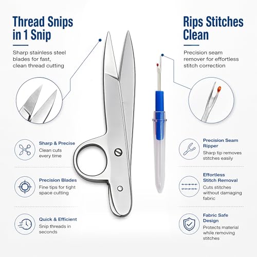 Thread Nippers & Seam Ripper Set – Sharp Sewing Scissors and Stitch Remover Tool for Fabric, Embroidery, Quilting & Needlepoint – Essential Sewing Accessories Kit - Thread Snips