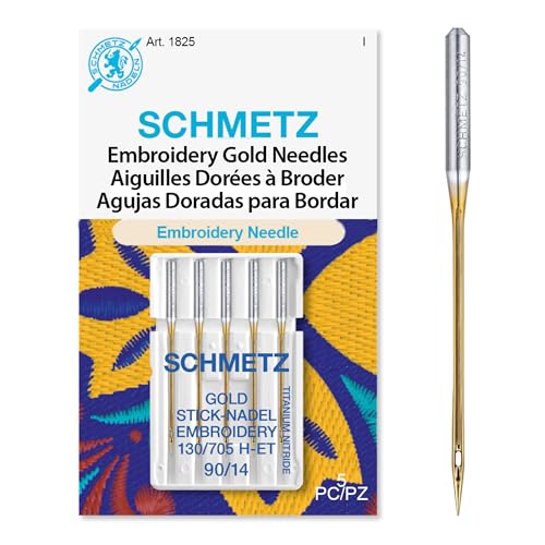 SCHMETZ Gold Embroidery Sewing Machine Needles - Titanium Coated for Smooth Stitching, Size 90/14, 5-Needle Cards, Pack of 1 - size: 90/14
