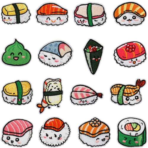 16pcs Sushi Iron/Sew on Patches, Delicious Food Embroidered Applique, Cute Decoration for Clothes, Hat, Bag, Dress, Shirt, Jeans - color: 16pcs Sushi