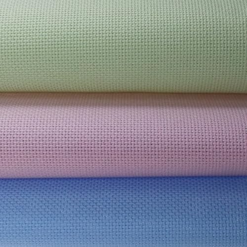KCS 3 pc of 15" x 18"(38cmx45cm) Counted Cross Stitch Cotton Aida Cloth Needlework Rolled Fabric Box,18CT,Light Blue+Pink+Light Green - color: Light Blue+pink+light Green, size: 18CT