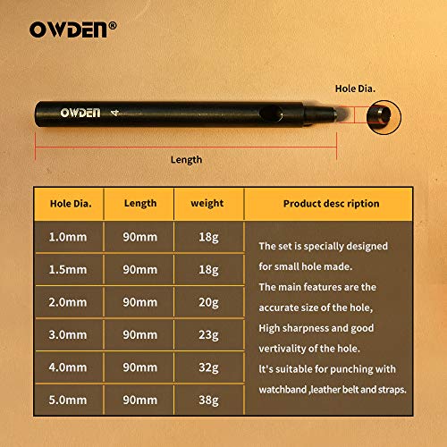 OWDEN Professional 6Pcs Leather Hollow Punch Set, 1.0-5.0mm,Slim Style.