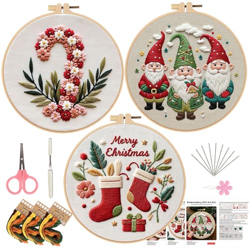 LB Cute Christmas Embroidery Kit for Beginners Adults, 3 Sets Hand Embroidery Starter Kit with Gnome Pattern and Instructions Stamped Cross Stitch Kits Include Embroidery Hoop Needles Threads Scissors - color: Green Pink