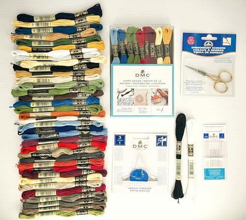 DMC Embroidery Floss Pack, Home Decor, Floss Kit Include 36 Assorted Color Bundle Mouline Cotton White/Black, Tapestry Hand Needles, Embroidery Scissors Needle Threader