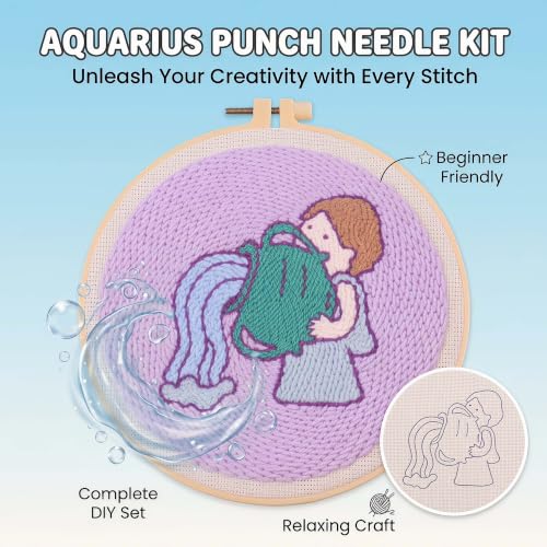 Harimau Punch Needle Kit Twelve Zodiac Signs Pattern,1Pc Embroidery Hoop, Essential Punch Needle Supplies,Ideal Punch Art for Beginners,DIY Adults Embroidery, Video Teaching - color: 65273
