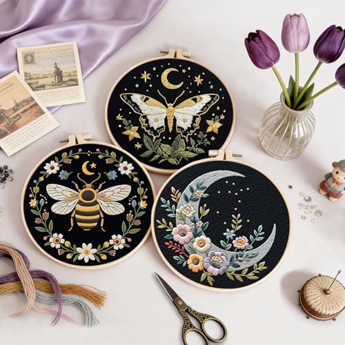 Uniartfy 3 Sets Butterfly Bee Moon Embroidery Kits for Beginners, DIY Cross Stitch Starter Craft Kit for Adults, Needlepoint Kits Including Cloth with Flower Plant Pattern, Hoop, Tools, Instructions - color: Embroidery Kit-O