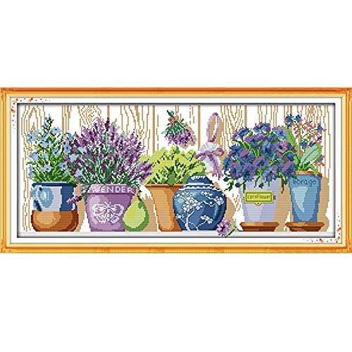 Stamped Cross Stitch Kits Full Range of Easy Patterns Embroidery Starter Kits for Beginners，Printed Cross-Stitch Kits for Home Decor DIY 14CT 2 Strands-The pottings on the windowsill ，22x11 inch - color: The pottings on the windowsill, 22x11 inch