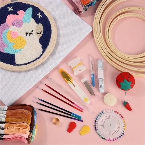 Huacan Embroidery Kit 204 Pcs,100 Colors Threads, 5 Pcs Embroidery Hoops,3 Pcs Aida Cloth, Cross Stitch Tools and Embroidery Starter Kit for Adults and Beginners