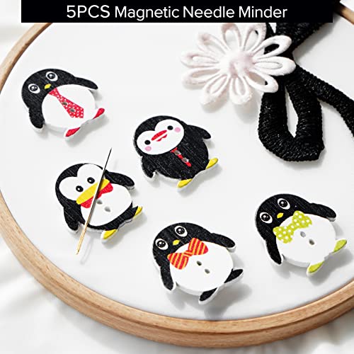 5pcs Needle Minder for Sewing,Magnetic Needle Keeper for Cross Stitch,Cute Penguin Cartoon Pin,Needle Holder for Embroidery,Needlework Storage Accessory, Gift for Cross Stitch Lover（2-Needle）