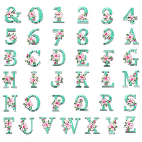 37Pcs Iron on Letters and Numbers Patches, Blue Flower Alphabet Embroidered Patch A-Z, Numbers 0-9 Applique for Clothes Hats Bags Jackets Jeans DIY Decoration - color: Mint blue letters and numbers, size: 37pcs