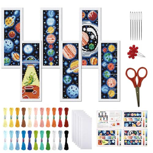 FREEBLOSS 6 Set Cross Stitch Bookmark Kit Planets Pattern Stamped Cross Stitch Kit 11CT Embroidery Kits with Instructions for Beginners Adult 20x6cm/8x2.4inch - style: Universal UFO