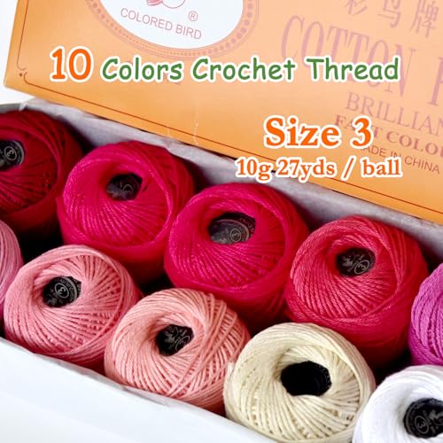 Soft 10 Pearl Cotton Crochet Thread in Balls,Size 3 Rainbow Classic Colors Crochet Thread for Crochet Hardanger Cross Stitch Needlepoint Hand Embroidery (Red) - color: Red