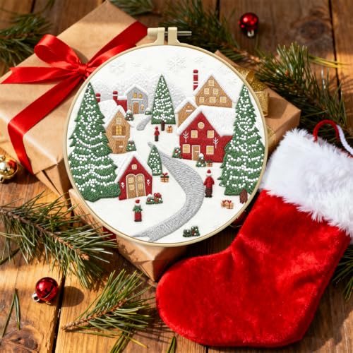 Zhenqing Christmas Embroidery Kit for Beginners - 4 Piece 29x29cm Round Designs with Embroidery Hoop, Threads & Tools (Snowy Cabin, Fireplace, Candy Cane, Holly)(C0066) - style: Snowy Cabin+ Fireplace+Candy Cane+Holly