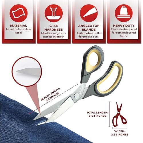 XFasten Sewing Scissors for Fabric Cutting Yellow 9.5 Inch Premium Professional Fabric Scissors Sewing | Large and Heavy duty - color: Yellow