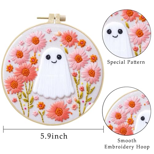 LB 4 Pack Halloween Embroidery Kit for Beginners, Halloween Ghost Christmas Santa Fall Gnome Pumpkin DIY Hand Embroidery Kit with Hoop, Threads, Holiday Craft Kit for Adults - color: Pink and White
