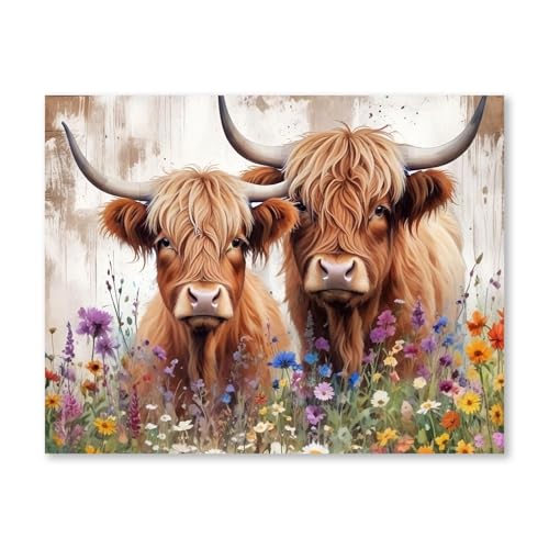 RLTXBUK Western Highland Cow Cross Stitch Kits, Rustic Cottagecore Wildflower Western Cattle Stamped Counted Cross Stitch Kits for Adults, Highland Cow Gifts for Women, 11.8x15.8 Inch