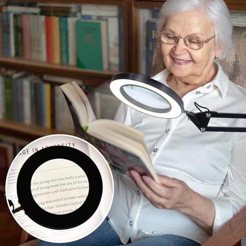 Magnifying Glass with Light and Stand, 3 Color Mode & 10 Dimmable Levels, Hands Free Lighted Magnifier with Clamp, LED Magnifying Desk Lamp for Close Work, Reading, Crafts, Painting Miniatures