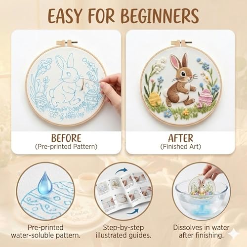 Draxion Embroidery Kit for Adult Beginners, 3 Pack Hand Easter Bunny Embroidery Starter Kit, Cross Stitch Needlepoint Kits with Hoop, Threads and Instructions