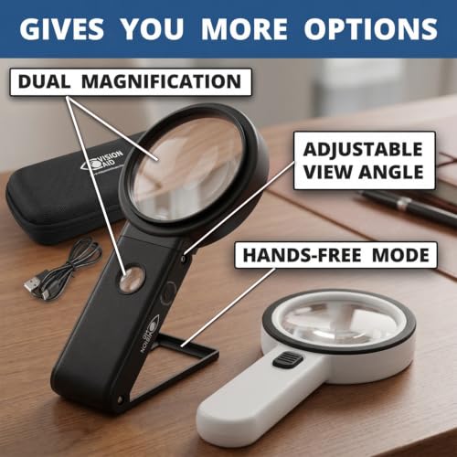 30X 10X Hands-Free Magnifying Glass with Stand, USB Rechargeable LED Light, Storage Case | Handheld Magnifier for Reading - size: USB Rechargeable - Deluxe Edition