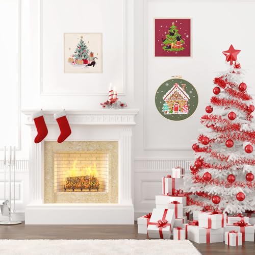 LB Christmas Embroidery Kit for Beginners Adults, 3 Sets Hand Embroidery Starter Kit with Black Cat Pattern and Instructions Stamped Cross Stitch Kits Include Embroidery Hoop Needles Threads Scissors - color: Red Black