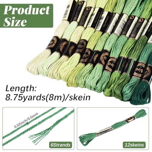 12 Skeins 105 Yards 6 Ply Green Cross Stitch Floss Embroidery Thread Friendship Bracelet String Variegated Gradient Bulk Polyester Yarn Set for Crochet Knitting Sewing Weaving DIY Crafts - color: Multi Green Color