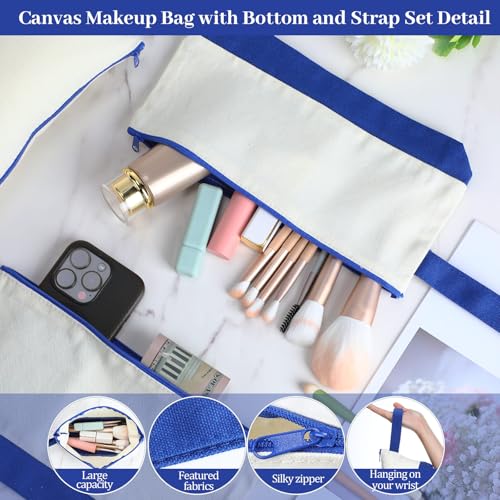 Silkfly 15 Pcs Cotton Canvas Makeup Bags Cosmetic Zipper Bags 10.2 x 5.5 x 2'' Blank DIY Pouch Bulk Pencil Case with Bottom Travel Toiletry Pouch for Women Craft Decor Gift (Beige and Blue) - color: Beige and Blue