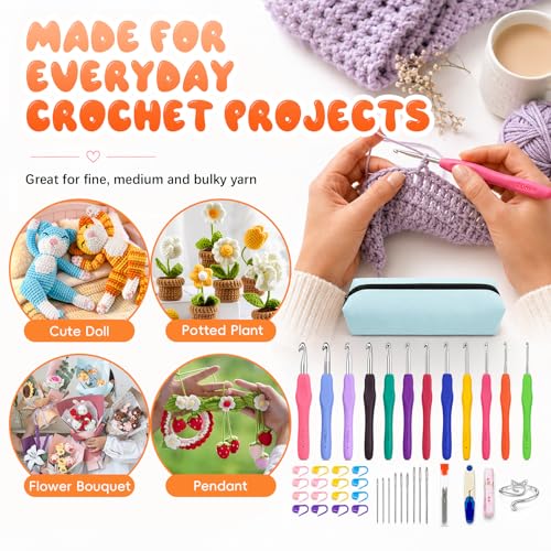 Crochet Hooks 12 Sizes Crochet Hook Set, 50 Pack Yarn Crochet Kit for Beginners, Knitting Needles with Ergonomic Handles for Arthritic Hands, Crochet Needle Kit with Blue Case for Crocheters