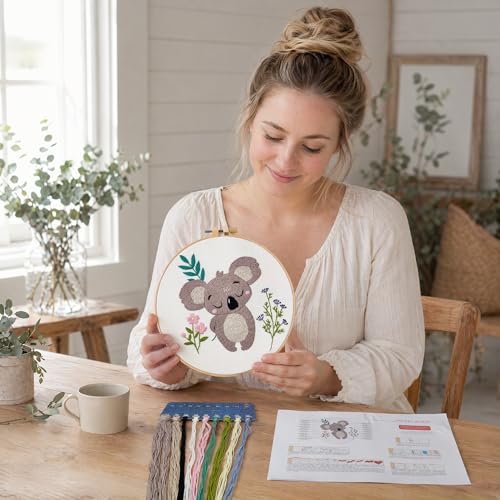 QIZUOLIFE Animal Embroidery Starter Kit, Koala & Puppies, 2-Pack