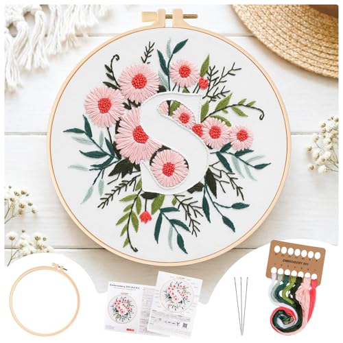 Zerzsy 7.87 '' Embroidery Kits Plant Flower Leaf English Letter Patterns for Beginners Adults, Easy to Learn Cross Stitch Kit for Home Office Decor - color: Letter S