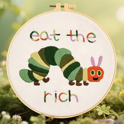 Hungry Caterpillar Embroidery Kits for Beginners Adults, Cute Embroidery Starter Kits, Counted Cross Stitch Kits for Beginners DIY Craft Kits for Adults Women, Embroidery Hoop, Thread & Video Tutorial - color: H2040, size: 8Inch