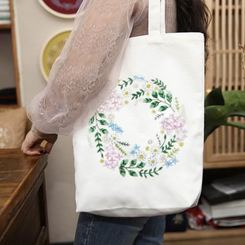 Yangshine Canvas Tote Bag Embroidery Kit with Pattern, Cross Stitch Kits for Beginners, Adults Arts Crafts Needlepoint Kit Include Embroidery Bag, Hoop and Instruction (Beige Bag, Flower) - color: Beige Bag, Flower