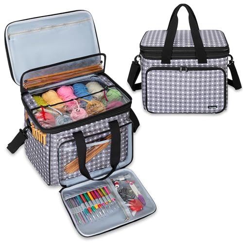 Teamoy Crochet Bag Knitting Bag Yarn Storage Tote, Yarn Organizer, Gray Dot - color: Gray Dots