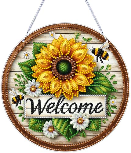 ARPADAMO Hanging Diamonds Art kit for Adult,DIY Sunflower Bee Pendant Diamonds Painting Art Kit, 7.0x7.0 inch Acrylic Diamonds Painting Board Kit Ornament, Special Crystal Diamond Hanging Ornament - color: DP02694