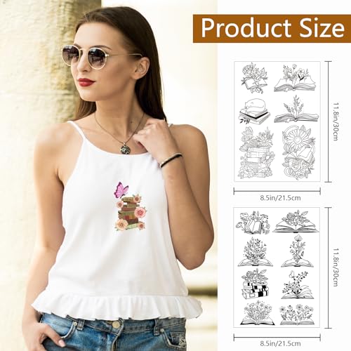 Water Soluble Embroidery Patterns Stabilizers - Rngmsi 2 Sheets Book Lover Stick and Stitch Embroidery Pattern Wash Away 14 Pcs Cat Flower Transfer Papers for Hand Sewing - color: Book Lover