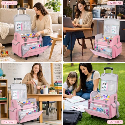 Rolling Craft Bag, Large Craft Bag with Wheels for Scrapbook Supplies - color: Pink, size: With Trolley