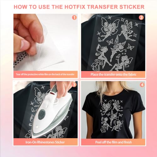 5 Pcs Fairy Pattern Iron on Rhinestones Transfer, Bling Crystal Clothing Repair Applique Heat Transfer Patches for T-Shirt Vest Shoes Hat Jacket Pants Bags Decor - color: Fairies