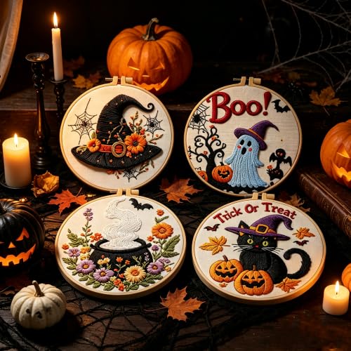 4 Sets Halloween Embroidery Kits for Beginners, Halloween Cross Stitch Kits - color: 4 Set Halloween