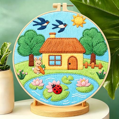Zhenqing Summer Lotus Embroidery Kit for Beginners, Bunny with Carrot Craft Set with 20cm Hoop, Printed Design on 29x29cm Cotton Fabric, DIY Bright Wall Art (C0161) - color: Summer Pond