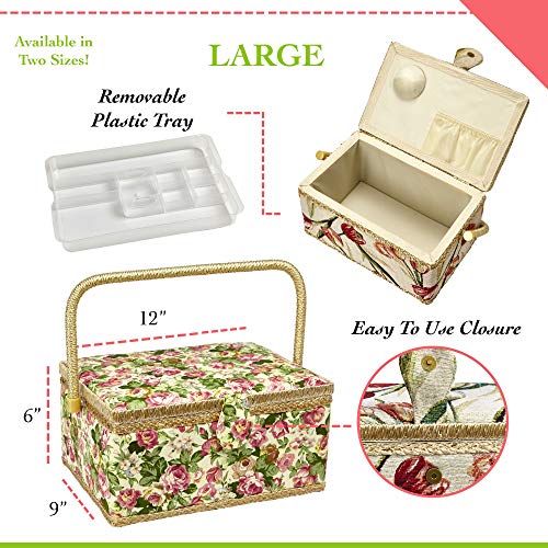 Sewing Basket with Rose Floral Print Design- Sewing Kit Storage Box with Removable Tray, Built-In Pin Cushion and Interior Pocket - Large - 12" x 9" x 6" - by Adolfo Design - color: Rose, size: Large - 12" x 9" x 6"