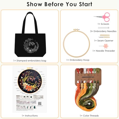 ERKOON Canvas Tote Bag Embroidery Kit for Beginners, Floral Arts Crafts Cross Stitch Kits for Adults Including Stamped Embroidery Bag with Hoops, Needle, Instruction and Color Threads (Flower) - color: Flower