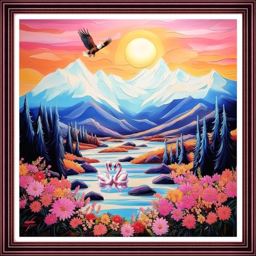 Funchey Counted Cross Stitch Kits for Adults Needlepoint Kits Unprinted Cross Stitching Embroidery Kit 11CT Cross Stitch Supplies-Sunrise Scenery of Mountains Rivers 18x18 inch - color: ArtsKits15