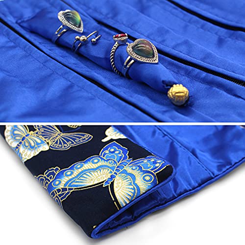SmilerSmile Jewelry Travel Bag Embroidery Travel Jewelry Organizer with Tie Close Embroidered Flower Jewelry Roll for Women Girls (Butterfly/D Blue) - color: 01 D Blue