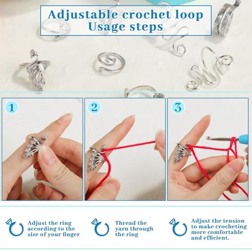 8 Pcs Crochet Ring, Adjustable Crochet Ring for Finger, Tension Rings - color: Silver - 8 Pcs