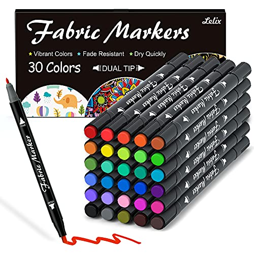Lelix Fabric Markers, 30 Permanent Colors Dual Tip Fabric Pens for Writing Painting on T-Shirts Clothes Sneakers Canvas Pillowcases, Child Safe & Non-Toxic for Kids Adults - color: 30 Colors