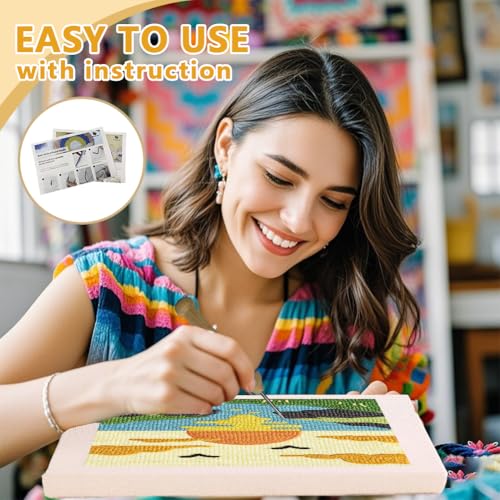 Doodlream Coastal Sunset Needle Kit for Beginner, 9.4"x 9.4" Cliffs Landscape Punch Stitching Craft Set, Color DIY Embroidery Starter with Printed Frame, Instruction, Threader, Yarn, Pinch Needle - color: Sunset
