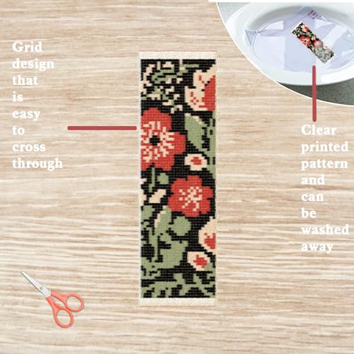 FREEBLOSS 6 Set Cross Stitch Bookmark Kits 8"x2.4" Red Flowers on Black - style: Flat style