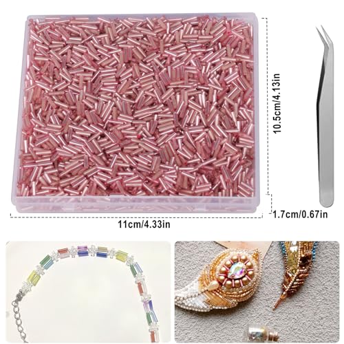 4000pcs Light Pink Bugle Beads Bulk -Embroidery Beads,Long Tube Bead for Jewelry Making, Bracelet Necklaces Supplies,Craft DIY(7x2mm) - color: Light pink
