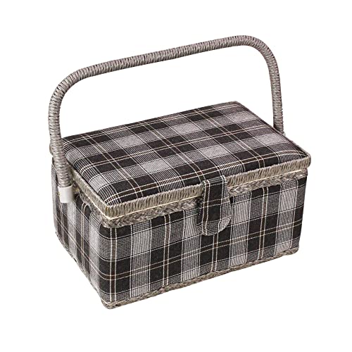 Sewing Basket with Floral Print Design - Sewing Kit Storage Box with Removable Tray, Built-in Pin Cushion and Interior Pocket - by Adolfo Design (Large - 12" x 9" x 6", Dark Gray Plaid) - color: Dark Gray Plaid, size: Large - 12" x 9" x 6"