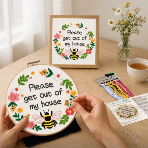 Nuberlic Please Get Out of My House Embroidery Kit, Stitch Craft Set - color: FUNNY BEE